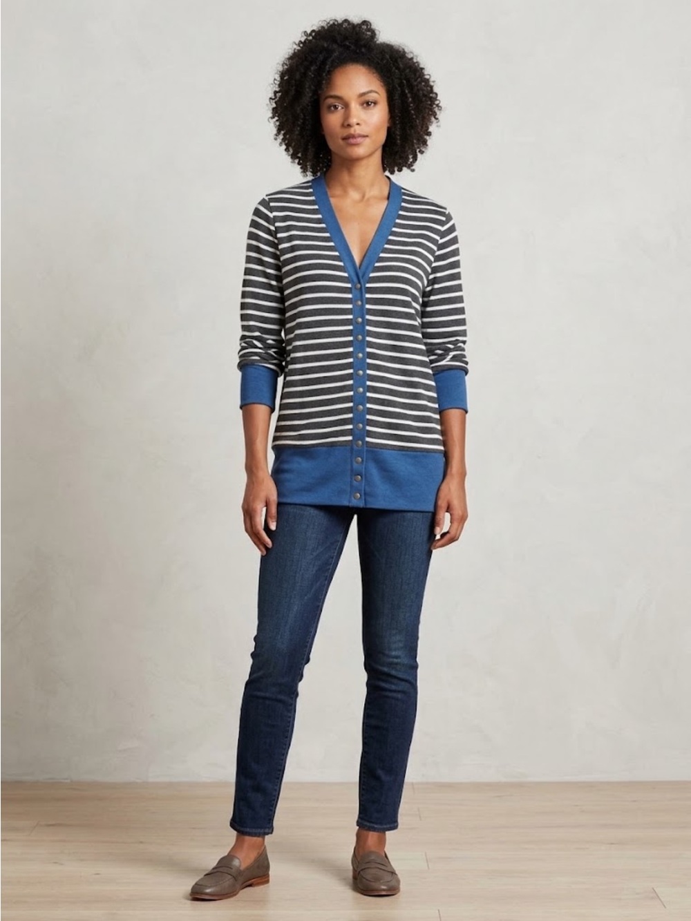 Striped Black, white and Blue Women's cardigan snap new size XL Hipster Row
